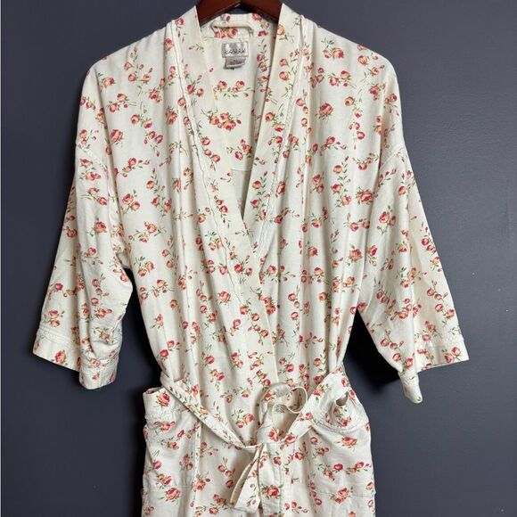 Vintage 90's Cacique 100% Cotton White Rose Floral Belted Tie Robe Size M/L - Picture 13 of 15
